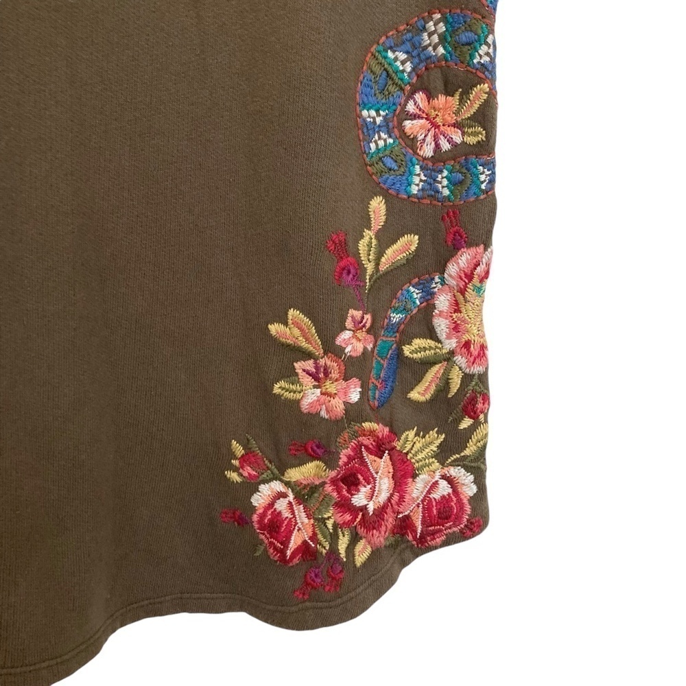 JOHNNY WAS Malui Floral Embroidered French Terry Sweatshirt Tunic Dress Brown - Picture 7 of 10